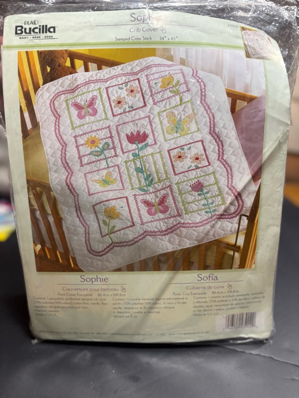 Bucilla "Sophie" Flowers and Butterflies Stamped Cross Stitch Crib Cover Kit - Picture 5 of 10